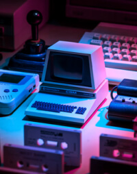 retro computer, keyboard, cassette tapes on a desk